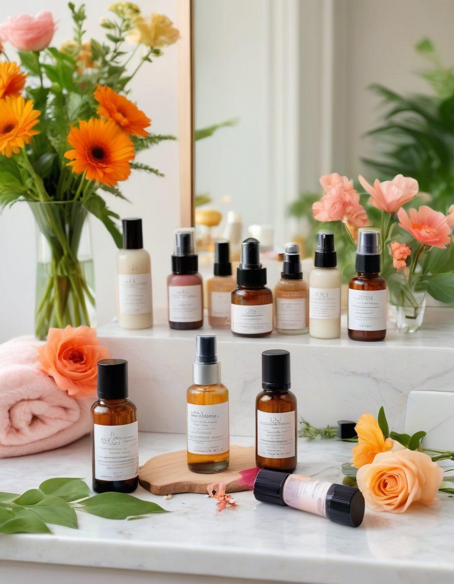 A serene vanity scene showcasing cruelty-free beauty products like organic skincare bottles and makeup palettes. Include vibrant flowers and lush greenery to symbolize nature and compassion. The products should have labels highlighting cruelty-free certifications. Soft, natural lighting to enhance the warm atmosphere. elegant and modern style. vibrant colors. soft focus.