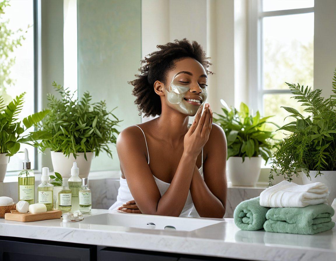 A serene bathroom scene featuring a sunlit vanity with natural skincare products like oils, creams, and herbs elegantly displayed. A beautifully drawn woman with glowing skin is applying a facial mask, while lush green plants and soft towels create a tranquil atmosphere. Include a mirror reflecting the warm sunlight and a gentle water splash in the background. soft pastels. super-realistic. vibrant colors. natural lighting.